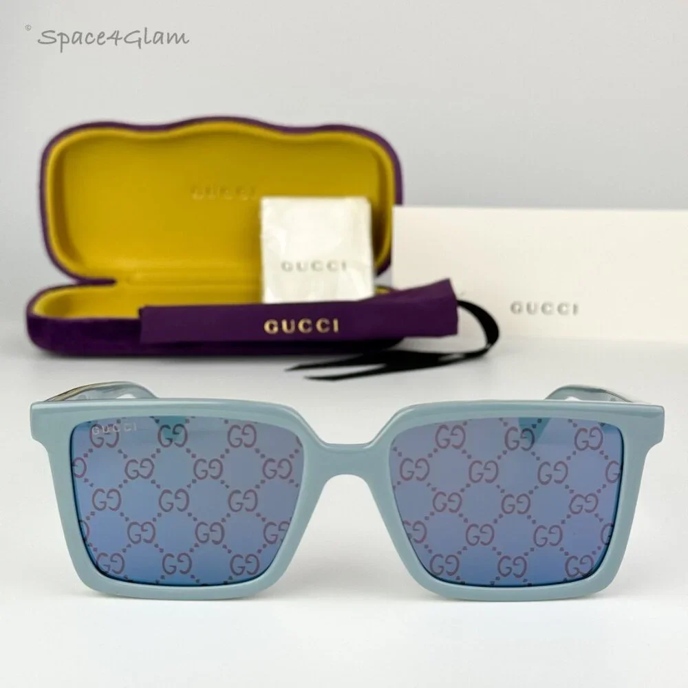 NEW Gucci GG1540S 003 Light Blue Violet Logo Mirrored Men Square Sunglasses